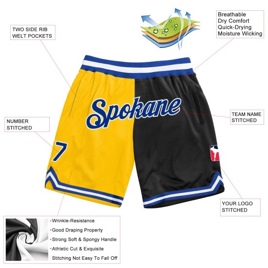Custom Gold Royal-Black Authentic Throwback Split Fashion Shorts Custom Gold Royal-Black Authentic Throwback Split Fashion Shorts