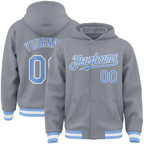 Custom Gray Light Blue-White Bomber Full-Snap Varsity Letterman Hoodie Jacket Custom Gray Light Blue-White Bomber Full-Snap Varsity Letterman Hoodie Jacket