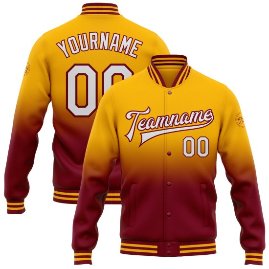 Custom Gold White-Crimson Bomber Full-Snap Varsity Letterman Fade Fashion Jacket Custom Gold White-Crimson Bomber Full-Snap Varsity Letterman Fade Fashion Jacket