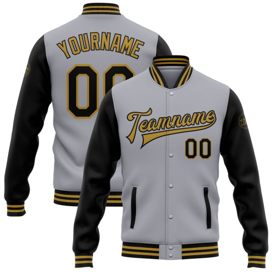 Custom Gray Black-Old Gold Bomber Full-Snap Varsity Letterman Two Tone Jacket Custom Gray Black-Old Gold Bomber Full-Snap Varsity Letterman Two Tone Jacket