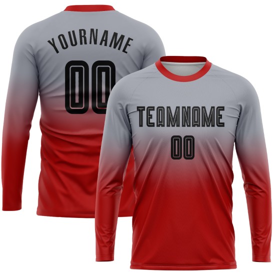 Custom Gray Black-Red Sublimation Long Sleeve Fade Fashion Uniform Jersey Custom Gray Black-Red Sublimation Long Sleeve Fade Fashion Uniform Jersey