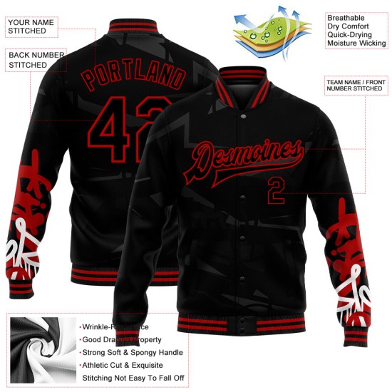 Custom Graffiti Pattern Black-Red Dark Abstract Urban Street Art 3D Bomber Full-Snap Varsity Letterman Jacket Custom Graffiti Pattern Black-Red Dark Abstract Urban Street Art 3D Bomber Full-Snap Varsity Letterman Jacket