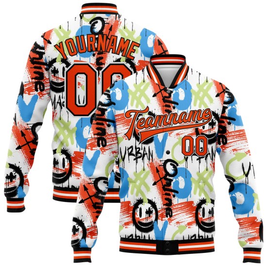 Custom Graffiti Pattern Orange-Black Abstract Grunge Art 3D Bomber Full-Snap Varsity Letterman Jacket Custom Graffiti Pattern Orange-Black Abstract Grunge Art 3D Bomber Full-Snap Varsity Letterman Jacket