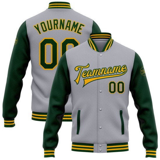 Custom Gray Green-Gold Bomber Full-Snap Varsity Letterman Two Tone Jacket Custom Gray Green-Gold Bomber Full-Snap Varsity Letterman Two Tone Jacket