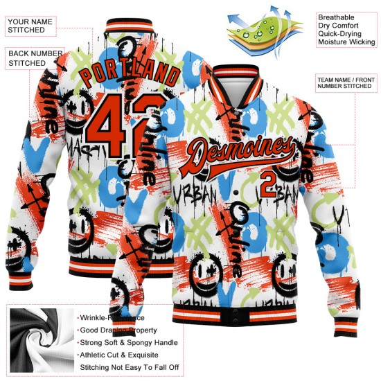 Custom Graffiti Pattern Orange-Black Abstract Grunge Art 3D Bomber Full-Snap Varsity Letterman Jacket Custom Graffiti Pattern Orange-Black Abstract Grunge Art 3D Bomber Full-Snap Varsity Letterman Jacket