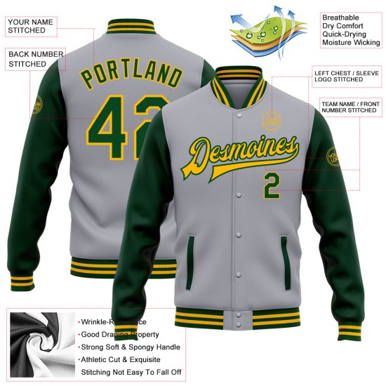 Custom Gray Green-Gold Bomber Full-Snap Varsity Letterman Two Tone Jacket Custom Gray Green-Gold Bomber Full-Snap Varsity Letterman Two Tone Jacket