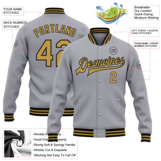 Custom Gray Old Gold-Black Bomber Full-Snap Varsity Letterman Jacket Custom Gray Old Gold-Black Bomber Full-Snap Varsity Letterman Jacket