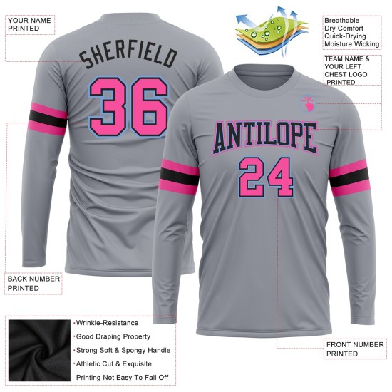 Custom Gray Pink Black-Light Blue Long Sleeve Performance T-Shirt Custom Gray Pink Black-Light Blue Long Sleeve Performance T-Shirt