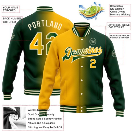 Custom Green Gold-Cream Bomber Full-Snap Varsity Letterman Gradient Fashion Jacket Custom Green Gold-Cream Bomber Full-Snap Varsity Letterman Gradient Fashion Jacket