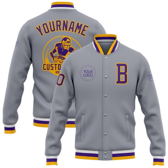 Custom Gray Purple-Gold Bomber Full-Snap Varsity Letterman Jacket Custom Gray Purple-Gold Bomber Full-Snap Varsity Letterman Jacket