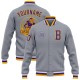 Custom Gray Purple-Gold Bomber Full-Snap Varsity Letterman Jacket Custom Gray Purple-Gold Bomber Full-Snap Varsity Letterman Jacket
