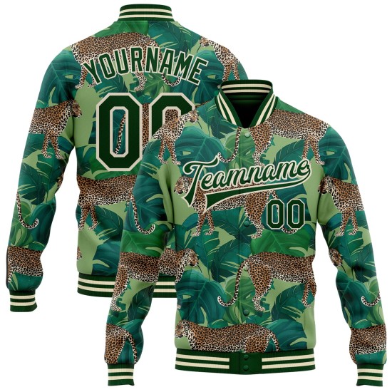 Custom Green Green-Cream Tropical Tiger With Palms 3D Pattern Design Bomber Full-Snap Varsity Letterman Jacket Custom Green Green-Cream Tropical Tiger With Palms 3D Pattern Design Bomber Full-Snap Varsity Letterman Jacket