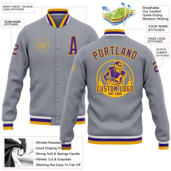 Custom Gray Purple-Gold Bomber Full-Snap Varsity Letterman Jacket Custom Gray Purple-Gold Bomber Full-Snap Varsity Letterman Jacket