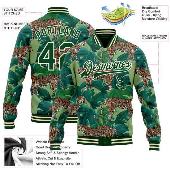 Custom Green Green-Cream Tropical Tiger With Palms 3D Pattern Design Bomber Full-Snap Varsity Letterman Jacket Custom Green Green-Cream Tropical Tiger With Palms 3D Pattern Design Bomber Full-Snap Varsity Letterman Jacket