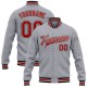 Custom Gray Red-Black Bomber Full-Snap Varsity Letterman Jacket Custom Gray Red-Black Bomber Full-Snap Varsity Letterman Jacket