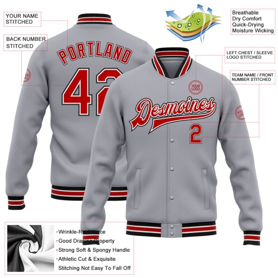 Custom Gray Red-Black Bomber Full-Snap Varsity Letterman Jacket Custom Gray Red-Black Bomber Full-Snap Varsity Letterman Jacket