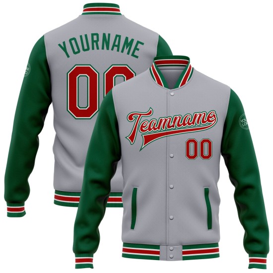 Custom Gray Red-Kelly Green Bomber Full-Snap Varsity Letterman Two Tone Jacket Custom Gray Red-Kelly Green Bomber Full-Snap Varsity Letterman Two Tone Jacket