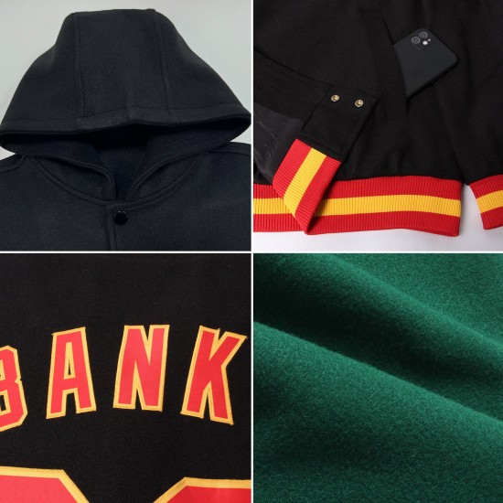 Custom Green Old Gold-Black Bomber Full-Snap Varsity Letterman Hoodie Jacket Custom Green Old Gold-Black Bomber Full-Snap Varsity Letterman Hoodie Jacket
