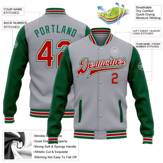 Custom Gray Red-Kelly Green Bomber Full-Snap Varsity Letterman Two Tone Jacket Custom Gray Red-Kelly Green Bomber Full-Snap Varsity Letterman Two Tone Jacket