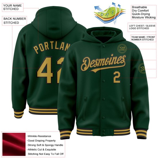 Custom Green Old Gold-Black Bomber Full-Snap Varsity Letterman Hoodie Jacket Custom Green Old Gold-Black Bomber Full-Snap Varsity Letterman Hoodie Jacket