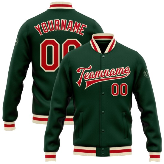 Custom Green Red-Cream Bomber Full-Snap Varsity Letterman Jacket Custom Green Red-Cream Bomber Full-Snap Varsity Letterman Jacket
