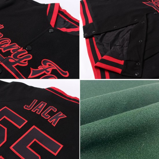 Custom Green Red-Cream Bomber Full-Snap Varsity Letterman Jacket Custom Green Red-Cream Bomber Full-Snap Varsity Letterman Jacket