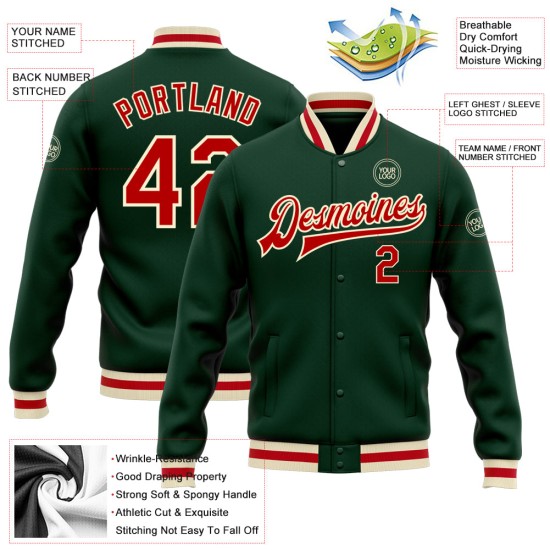 Custom Green Red-Cream Bomber Full-Snap Varsity Letterman Jacket Custom Green Red-Cream Bomber Full-Snap Varsity Letterman Jacket