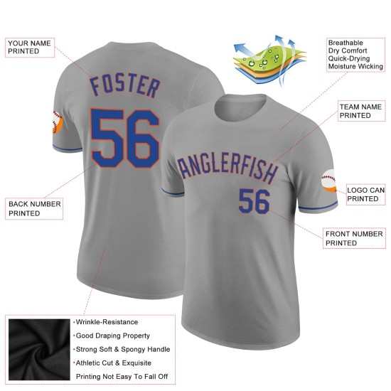 Custom Gray Royal-Orange Performance T-Shirt Custom Gray Royal-Orange Performance T-Shirt