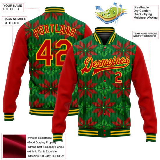 Custom Green Red-Gold Christmas 3D Bomber Full-Snap Varsity Letterman Jacket Custom Green Red-Gold Christmas 3D Bomber Full-Snap Varsity Letterman Jacket