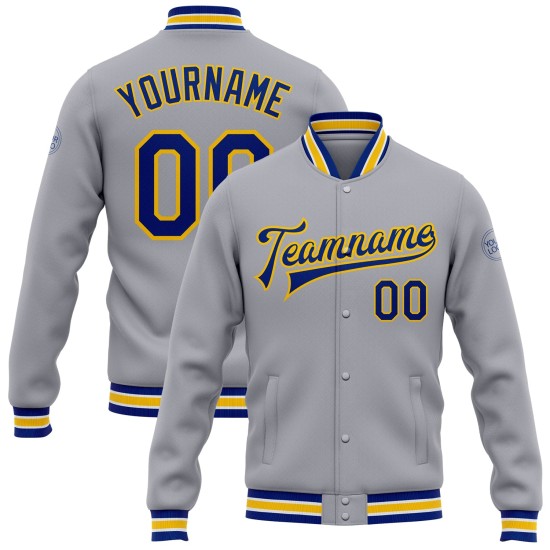 Custom Gray Royal-Yellow Bomber Full-Snap Varsity Letterman Jacket Custom Gray Royal-Yellow Bomber Full-Snap Varsity Letterman Jacket