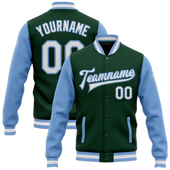 Custom Green White-Light Blue Bomber Full-Snap Varsity Letterman Two Tone Jacket Custom Green White-Light Blue Bomber Full-Snap Varsity Letterman Two Tone Jacket