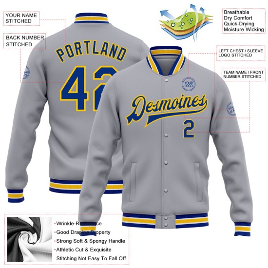 Custom Gray Royal-Yellow Bomber Full-Snap Varsity Letterman Jacket Custom Gray Royal-Yellow Bomber Full-Snap Varsity Letterman Jacket