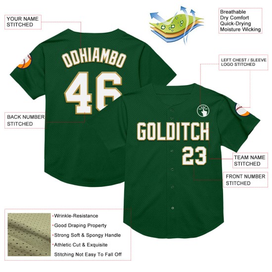 Custom Green White-Old Gold Mesh Authentic Throwback rugby Jersey Custom Green White-Old Gold Mesh Authentic Throwback rugby Jersey