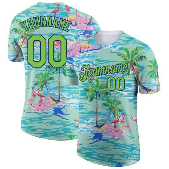 Custom Lakes Blue Neon Green-Navy 3D Pattern Design Beach Hawaii Palm Trees And Flamingo Performance T-Shirt Custom Lakes Blue Neon Green-Navy 3D Pattern Design Beach Hawaii Palm Trees And Flamingo Performance T-Shirt