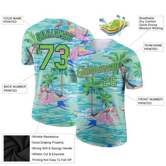 Custom Lakes Blue Neon Green-Navy 3D Pattern Design Beach Hawaii Palm Trees And Flamingo Performance T-Shirt Custom Lakes Blue Neon Green-Navy 3D Pattern Design Beach Hawaii Palm Trees And Flamingo Performance T-Shirt