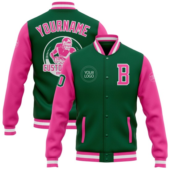 Custom Kelly Green Pink-White Bomber Full-Snap Varsity Letterman Two Tone Jacket Custom Kelly Green Pink-White Bomber Full-Snap Varsity Letterman Two Tone Jacket