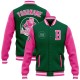 Custom Kelly Green Pink-White Bomber Full-Snap Varsity Letterman Two Tone Jacket Custom Kelly Green Pink-White Bomber Full-Snap Varsity Letterman Two Tone Jacket