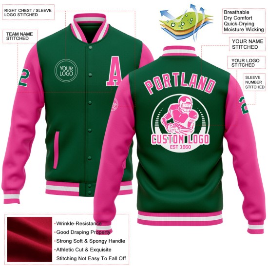 Custom Kelly Green Pink-White Bomber Full-Snap Varsity Letterman Two Tone Jacket Custom Kelly Green Pink-White Bomber Full-Snap Varsity Letterman Two Tone Jacket