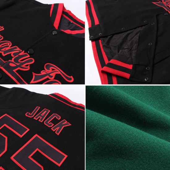 Custom Kelly Green Red-Black Bomber Full-Snap Varsity Letterman Jacket Custom Kelly Green Red-Black Bomber Full-Snap Varsity Letterman Jacket