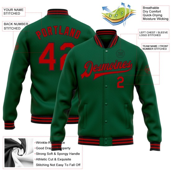 Custom Kelly Green Red-Black Bomber Full-Snap Varsity Letterman Jacket Custom Kelly Green Red-Black Bomber Full-Snap Varsity Letterman Jacket
