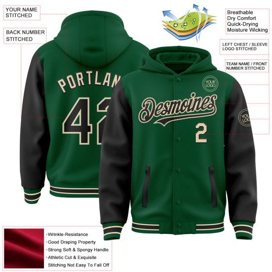 Custom Kelly Green Black-Cream Bomber Full-Snap Varsity Letterman Two Tone Hoodie Jacket Custom Kelly Green Black-Cream Bomber Full-Snap Varsity Letterman Two Tone Hoodie Jacket