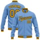 Custom Light Blue Gold-Black Bomber Full-Snap Varsity Letterman Jacket Custom Light Blue Gold-Black Bomber Full-Snap Varsity Letterman Jacket