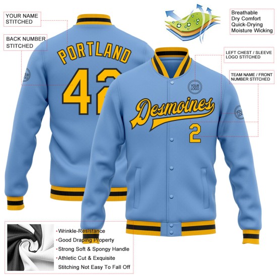 Custom Light Blue Gold-Black Bomber Full-Snap Varsity Letterman Jacket Custom Light Blue Gold-Black Bomber Full-Snap Varsity Letterman Jacket