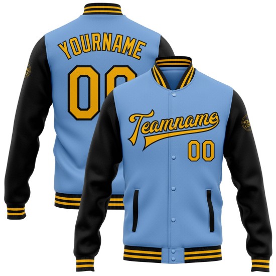Custom Light Blue Gold-Black Bomber Full-Snap Varsity Letterman Two Tone Jacket Custom Light Blue Gold-Black Bomber Full-Snap Varsity Letterman Two Tone Jacket