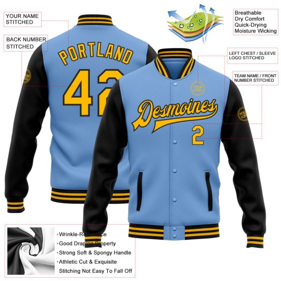 Custom Light Blue Gold-Black Bomber Full-Snap Varsity Letterman Two Tone Jacket Custom Light Blue Gold-Black Bomber Full-Snap Varsity Letterman Two Tone Jacket