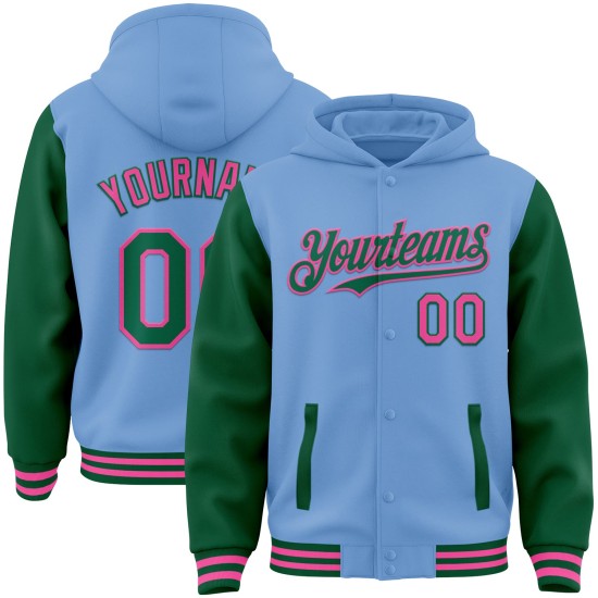 Custom Light Blue Kelly Green-Pink Bomber Full-Snap Varsity Letterman Two Tone Hoodie Jacket Custom Light Blue Kelly Green-Pink Bomber Full-Snap Varsity Letterman Two Tone Hoodie Jacket