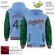 Custom Light Blue Kelly Green-Pink Bomber Full-Snap Varsity Letterman Two Tone Hoodie Jacket Custom Light Blue Kelly Green-Pink Bomber Full-Snap Varsity Letterman Two Tone Hoodie Jacket