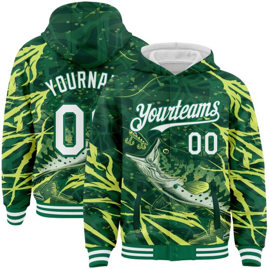 Custom Kelly Green White Largemouth Bass Fish Fishing 3D Bomber Full-Snap Varsity Letterman Hoodie Jacket Custom Kelly Green White Largemouth Bass Fish Fishing 3D Bomber Full-Snap Varsity Letterman Hoodie Jacket