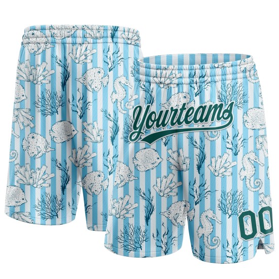 Custom Light Blue Midnight Green-White 3D Pattern Coral Fish And Seahorse Authentic Shorts Custom Light Blue Midnight Green-White 3D Pattern Coral Fish And Seahorse Authentic Shorts
