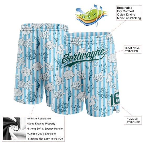 Custom Light Blue Midnight Green-White 3D Pattern Coral Fish And Seahorse Authentic Shorts Custom Light Blue Midnight Green-White 3D Pattern Coral Fish And Seahorse Authentic Shorts